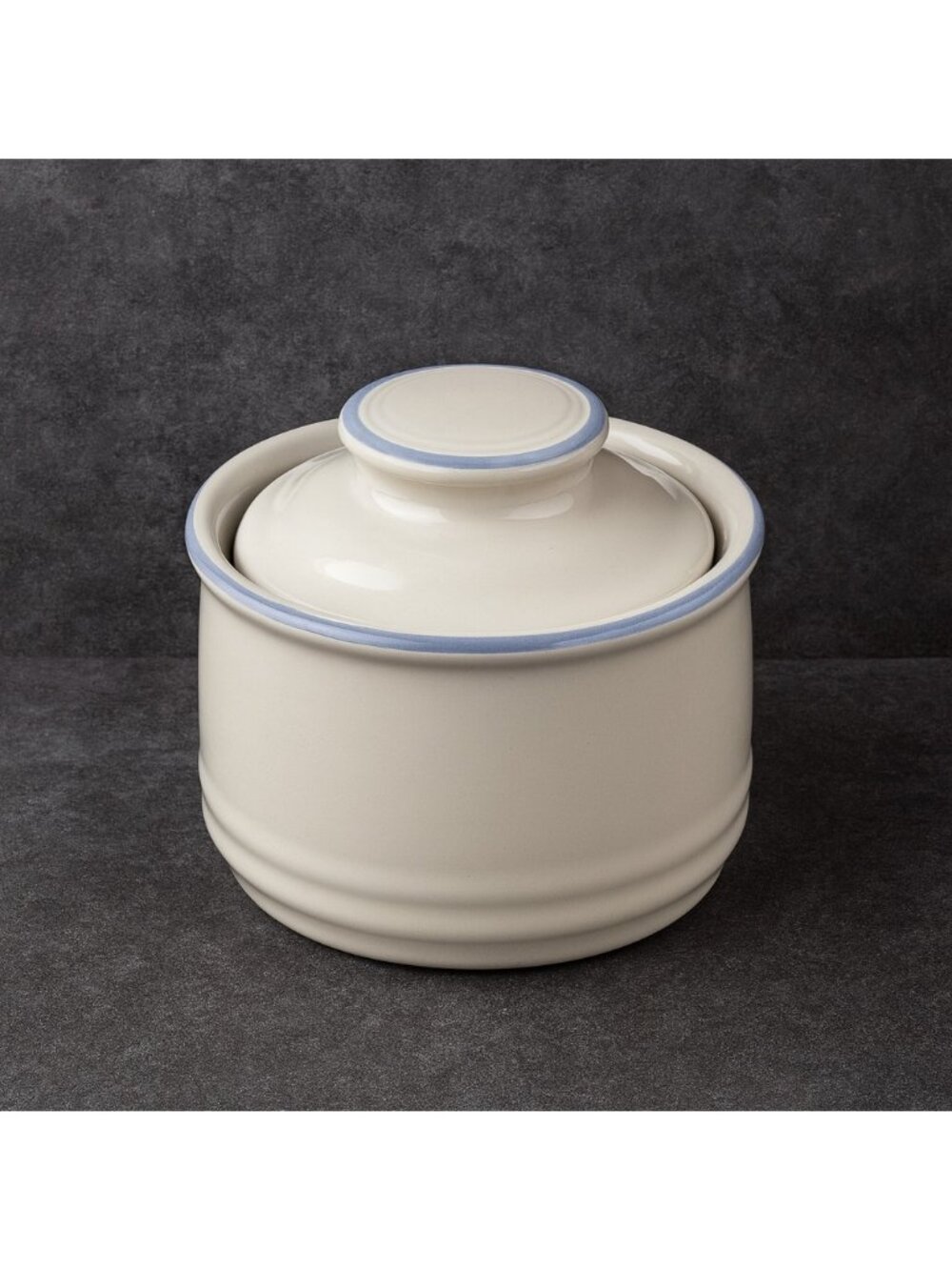 Stoneware Japan Sugar Bowl Vtg Cream w/blue stripe w/lid functional Country EUC